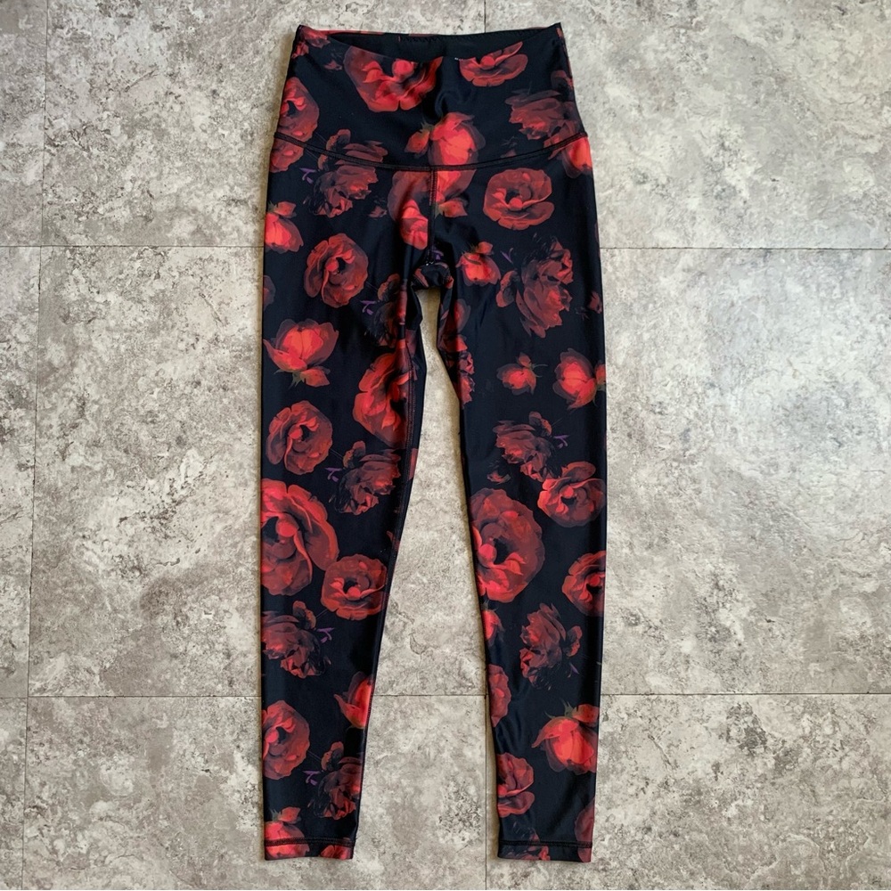 Black Leggings with Red Floral Print